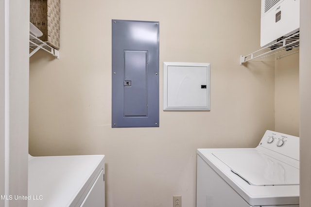 clothes washing area with washer and dryer and electric panel