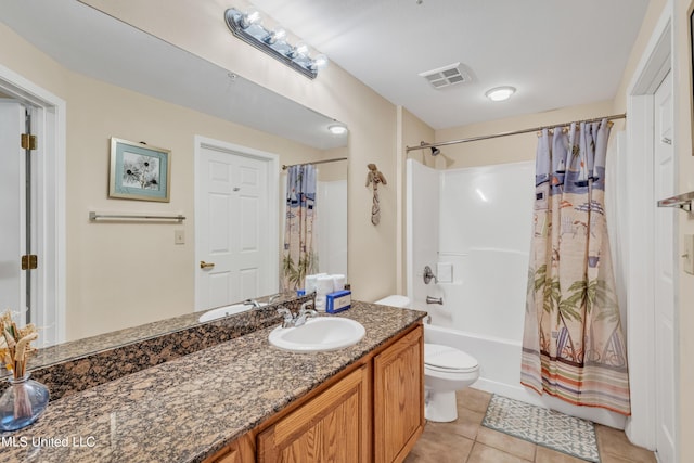 bathroom featuring shower / bath combination with curtain, visible vents, tile patterned floors, vanity, and toilet