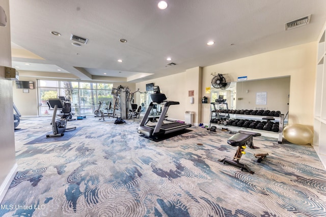 workout area with visible vents, carpet flooring, baseboards, and recessed lighting