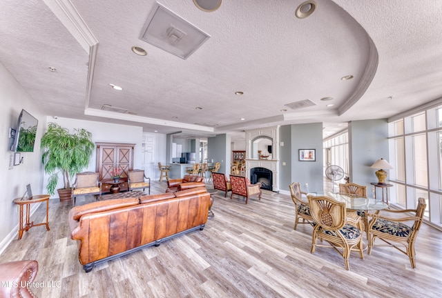 living room featuring a textured ceiling, light hardwood / wood-style floors, and a raised ceiling