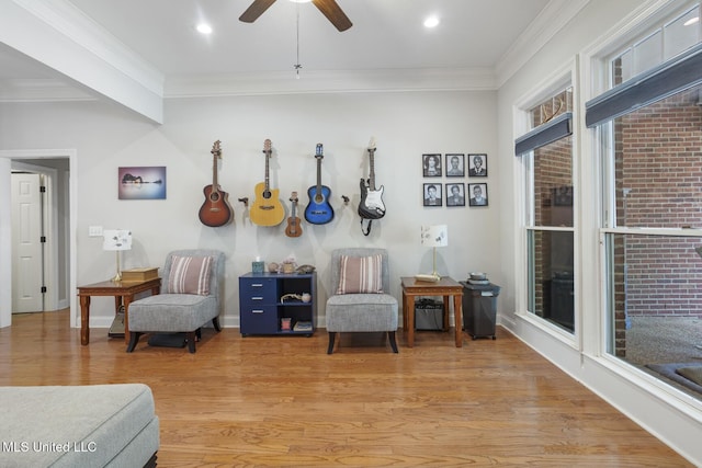 410 Woodland Hills Ct, Madison, MS 39110 - sitting room featuring ceiling fan, light wood-type flooring, ornamental molding, and recessed lighting