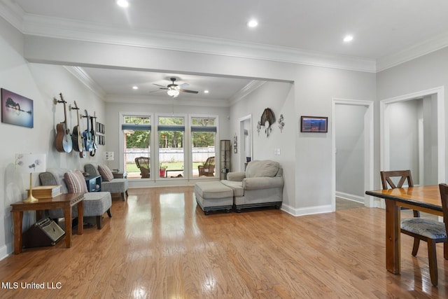 410 Woodland Hills Ct, Madison, MS 39110 - living room with light wood-style floors, a ceiling fan, recessed lighting, and crown molding