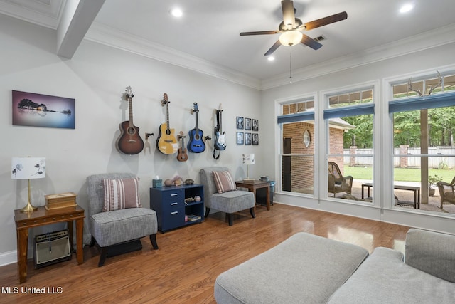 410 Woodland Hills Ct, Madison, MS 39110 - living area featuring a ceiling fan, ornamental molding, wood finished floors, and recessed lighting