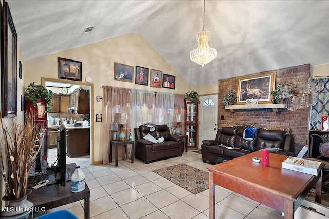 tiled living room featuring lofted ceiling and a notable chandelier