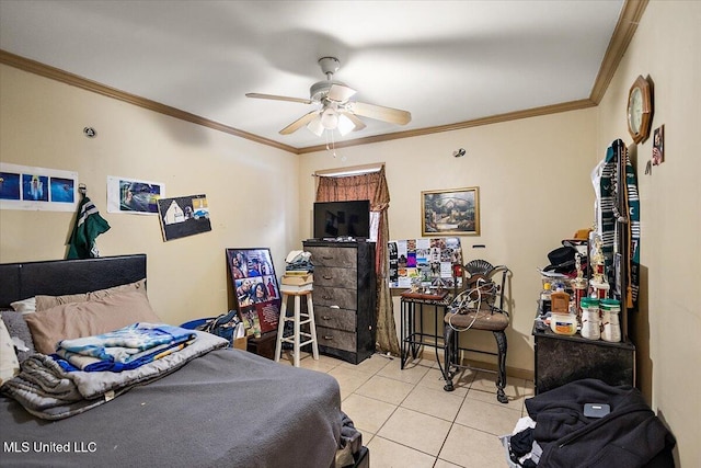 tiled bedroom with ornamental molding and ceiling fan