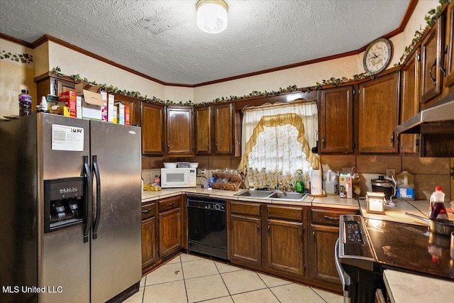 kitchen with sink, stainless steel fridge with ice dispenser, light tile patterned floors, black dishwasher, and range with electric cooktop