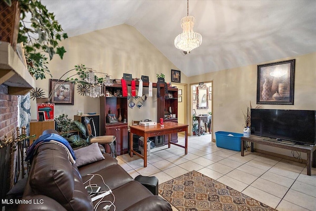 tiled living room with a notable chandelier and high vaulted ceiling