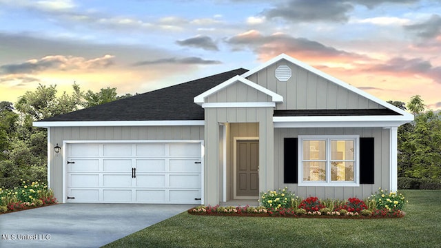 166 Mill Ct, Lucedale, MS 39452 - view of front of property with concrete driveway, an attached garage, a front yard, a shingled roof, and board and batten siding