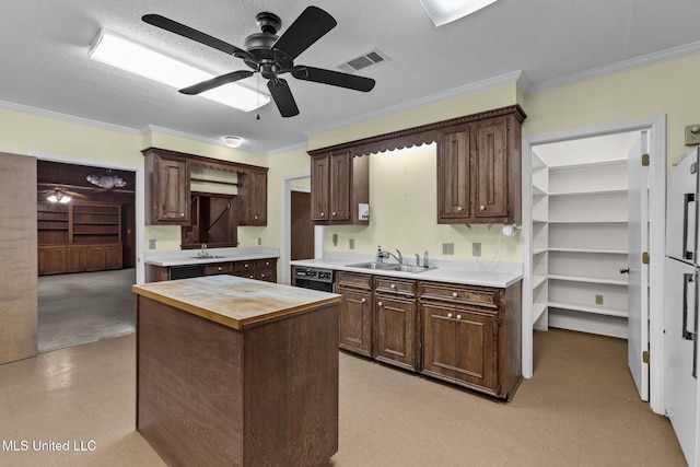 160 Marblehead Ct, Jackson, MS 39211 - kitchen with wood counters, dark brown cabinets, ornamental molding, a ceiling fan, and a center island