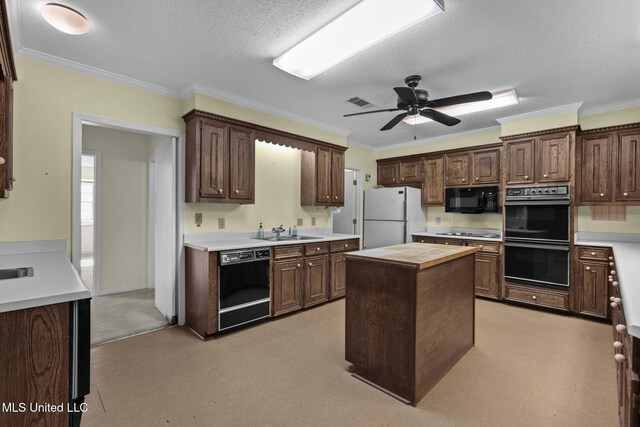 160 Marblehead Ct, Jackson, MS 39211 - kitchen with black appliances, a textured ceiling, a kitchen island, dark brown cabinetry, and crown molding