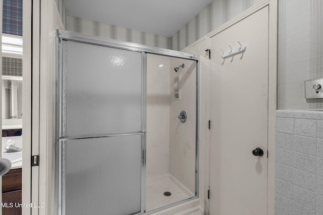 160 Marblehead Ct, Jackson, MS 39211 - full bathroom with a stall shower, vanity, and wallpapered walls