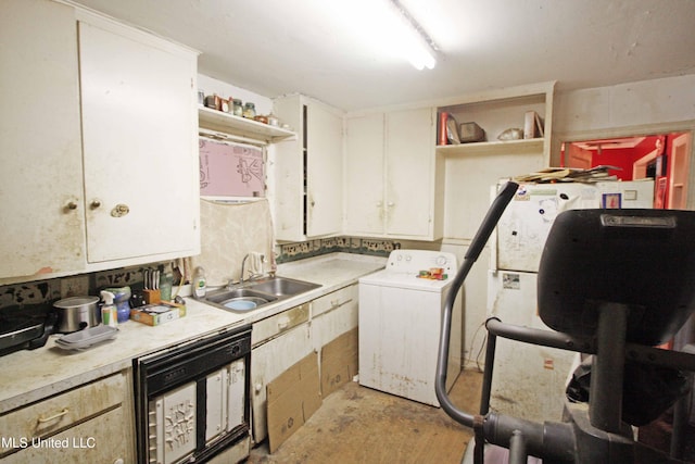 kitchen with white cabinets, washer / clothes dryer, wine cooler, and sink