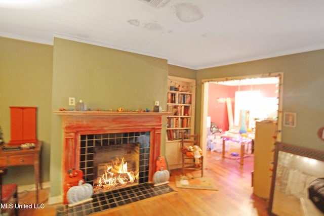 living room with crown molding, wood-type flooring, and a fireplace