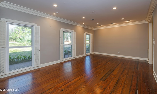 unfurnished room with ornamental molding, recessed lighting, dark wood-type flooring, and baseboards