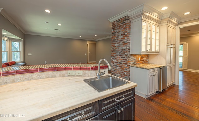 kitchen featuring recessed lighting, a sink, ornamental molding, dark wood-style floors, and glass insert cabinets