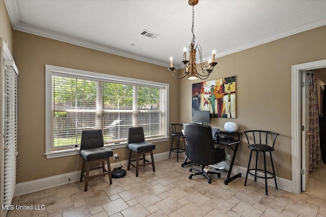 108 Merlot Cv, Clinton, MS 39056 - office space featuring a chandelier, stone finish floors, baseboards, and crown molding