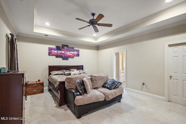 108 Merlot Cv, Clinton, MS 39056 - bedroom featuring light colored carpet, a tray ceiling, baseboards, crown molding, and ensuite bath