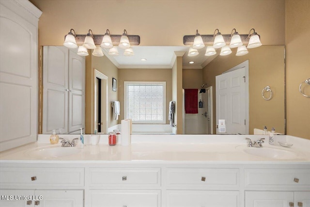 108 Merlot Cv, Clinton, MS 39056 - bathroom featuring double vanity, ornamental molding, and a shower