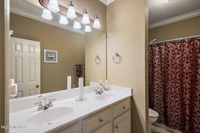 108 Merlot Cv, Clinton, MS 39056 - full bath with crown molding, toilet, double vanity, and curtained shower
