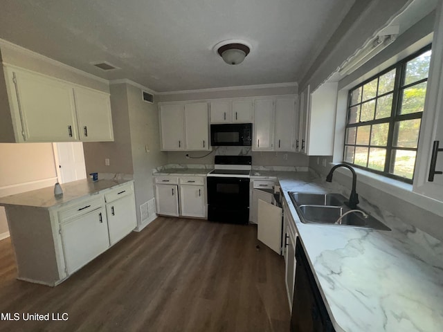 kitchen with sink, black appliances, white cabinets, and dark wood-type flooring