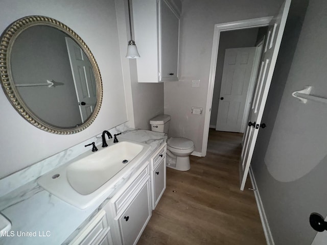 bathroom featuring vanity, hardwood / wood-style floors, and toilet