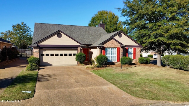 view of front of home with a front yard and a garage