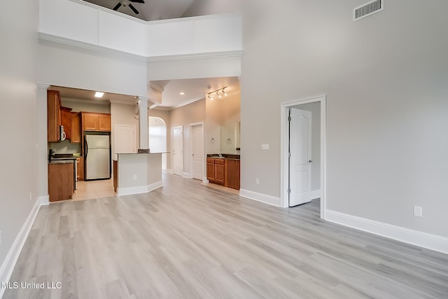 unfurnished living room featuring a high ceiling and light hardwood / wood-style flooring