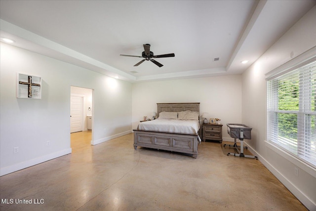 335 Aaron Rd, Sarah, MS 38665 - bedroom featuring a raised ceiling, finished concrete flooring, baseboards, recessed lighting, and ceiling fan