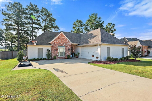 105 Twain Trl, Clinton, MS 39056 - traditional-style home featuring a garage, brick siding, fence, a front lawn, and a shingled roof