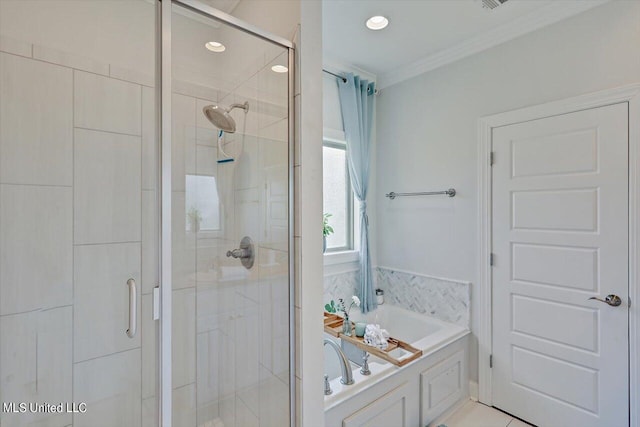 105 Twain Trl, Clinton, MS 39056 - bathroom with crown molding, a stall shower, recessed lighting, and a bath