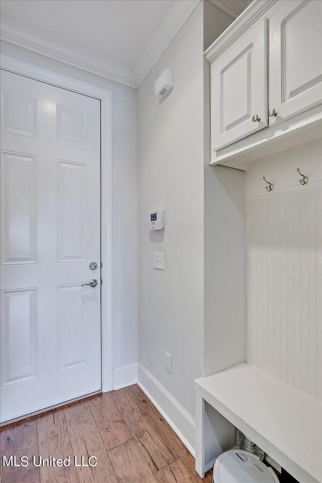 mudroom featuring light hardwood / wood-style floors and crown molding