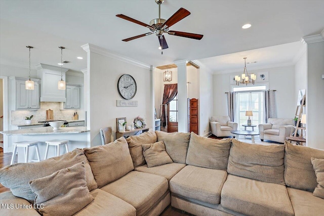 105 Twain Trl, Clinton, MS 39056 - living area with recessed lighting, ornamental molding, ceiling fan with notable chandelier, and a wealth of natural light