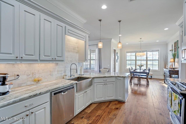 105 Twain Trl, Clinton, MS 39056 - kitchen featuring a sink, ornamental molding, dark wood finished floors, and stainless steel appliances