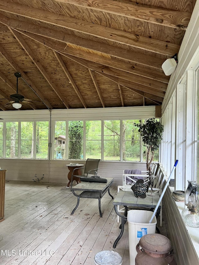 20454 Saucier Advance Rd, Saucier, MS 39574 - sunroom / solarium featuring a ceiling fan, a wooden deck, hardwood / wood-style flooring, and lofted ceiling