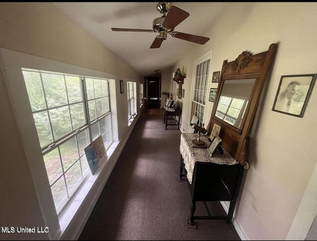 20454 Saucier Advance Rd, Saucier, MS 39574 - hall with baseboards, dark carpet, and lofted ceiling