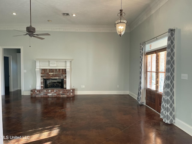 unfurnished living room featuring ceiling fan with notable chandelier, ornamental molding, and a fireplace