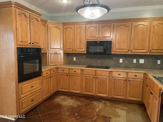 kitchen featuring a textured ceiling, tasteful backsplash, ornamental molding, and black appliances