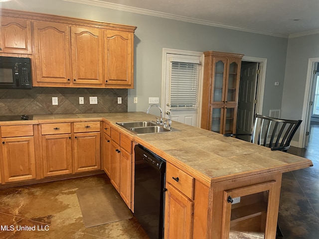 kitchen featuring decorative backsplash, crown molding, black appliances, sink, and tile counters