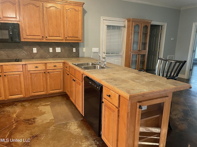 kitchen featuring tasteful backsplash, crown molding, sink, black appliances, and tile counters