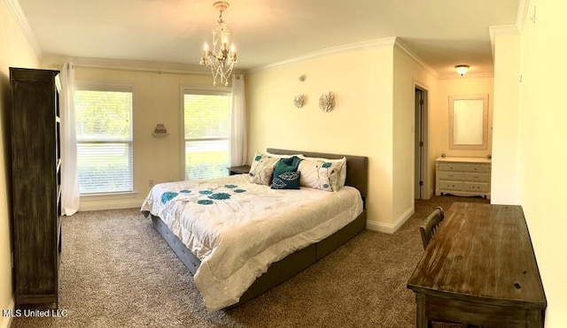 bedroom featuring crown molding, carpet floors, baseboards, and an inviting chandelier