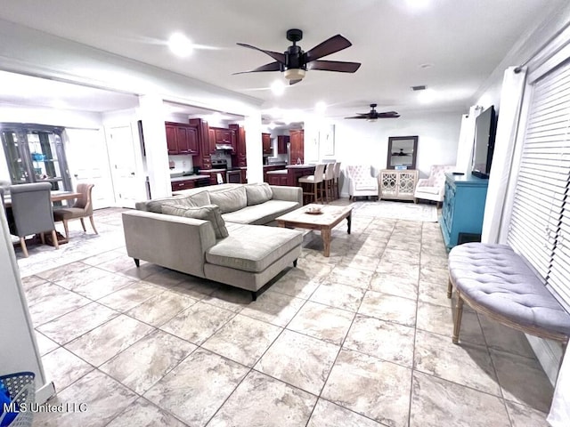 living room featuring a healthy amount of sunlight and ceiling fan