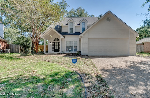 view of front facade with a porch, a front yard, central AC unit, and a garage