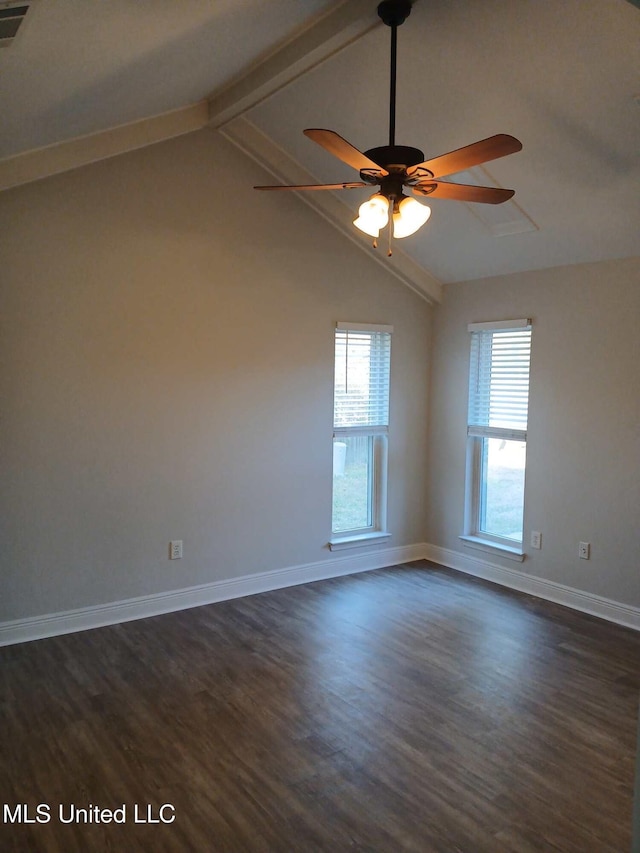 empty room featuring dark hardwood / wood-style flooring, vaulted ceiling with beams, and ceiling fan