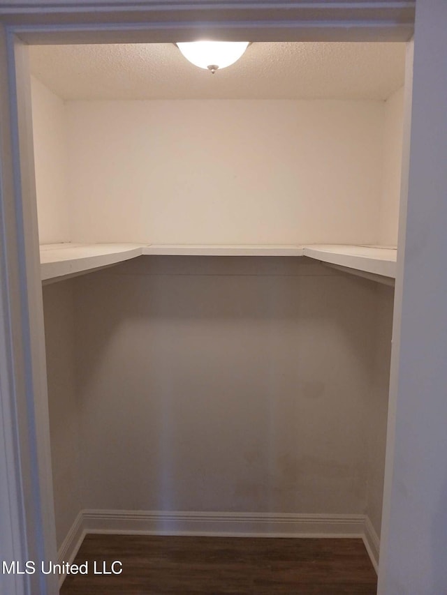 walk in closet with dark wood-type flooring