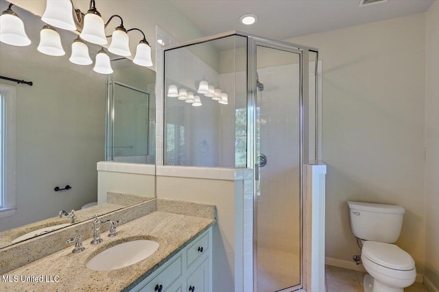 bathroom featuring vanity, a shower with shower door, and toilet