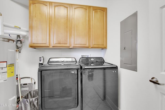 2668 Beach Blvd Unit 1405, Biloxi, MS 39531 - clothes washing area featuring electric panel, washing machine and dryer, cabinet space, and electric water heater