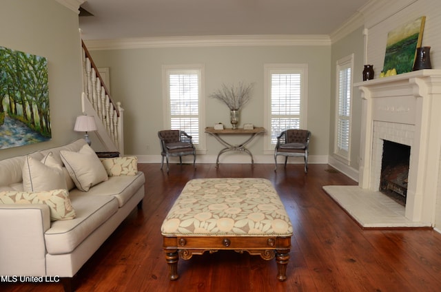 living area featuring ornamental molding, dark wood-style flooring, and stairway