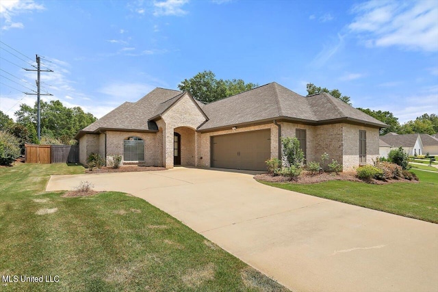 french country inspired facade featuring a front lawn and a garage