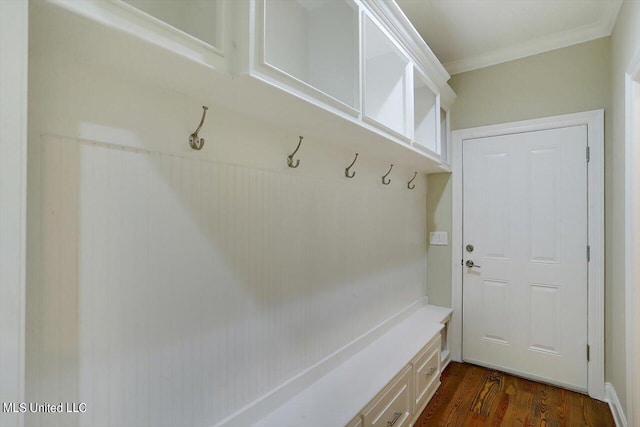 mudroom with crown molding and dark wood-type flooring