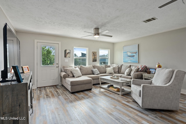 4113 Blue Jay St, Bay Saint Louis, MS 39520 - living room featuring ceiling fan, a textured ceiling, a healthy amount of sunlight, and light wood-type flooring